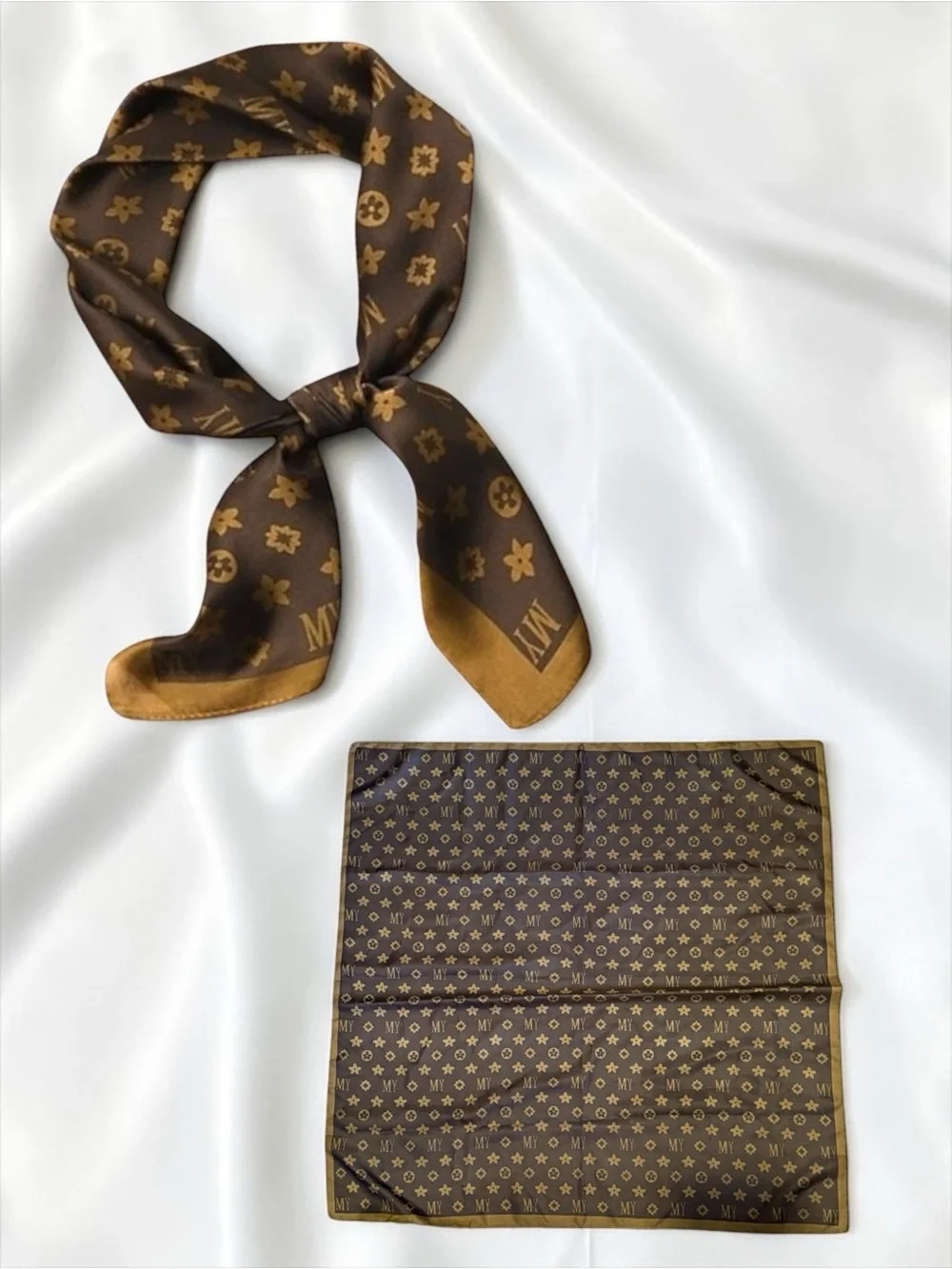 Silky Brown & Gold Monogram Floral Medalion Motifs Square Vintage Scarf